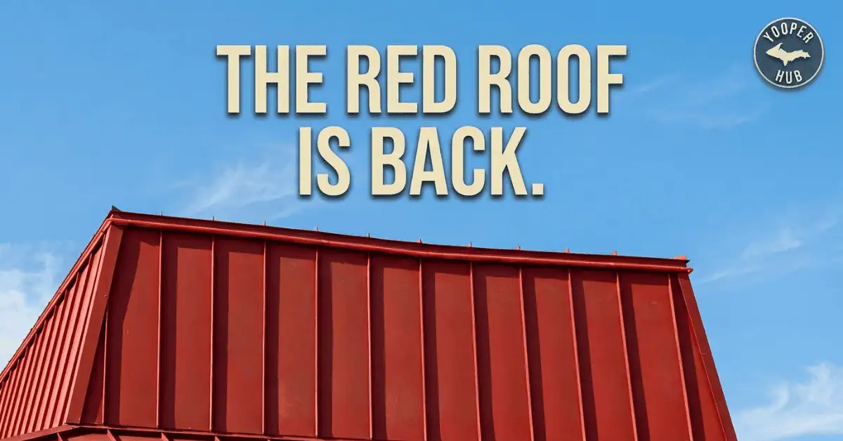 Red roof restaurant building with text reading "The Red Roof Is Back"