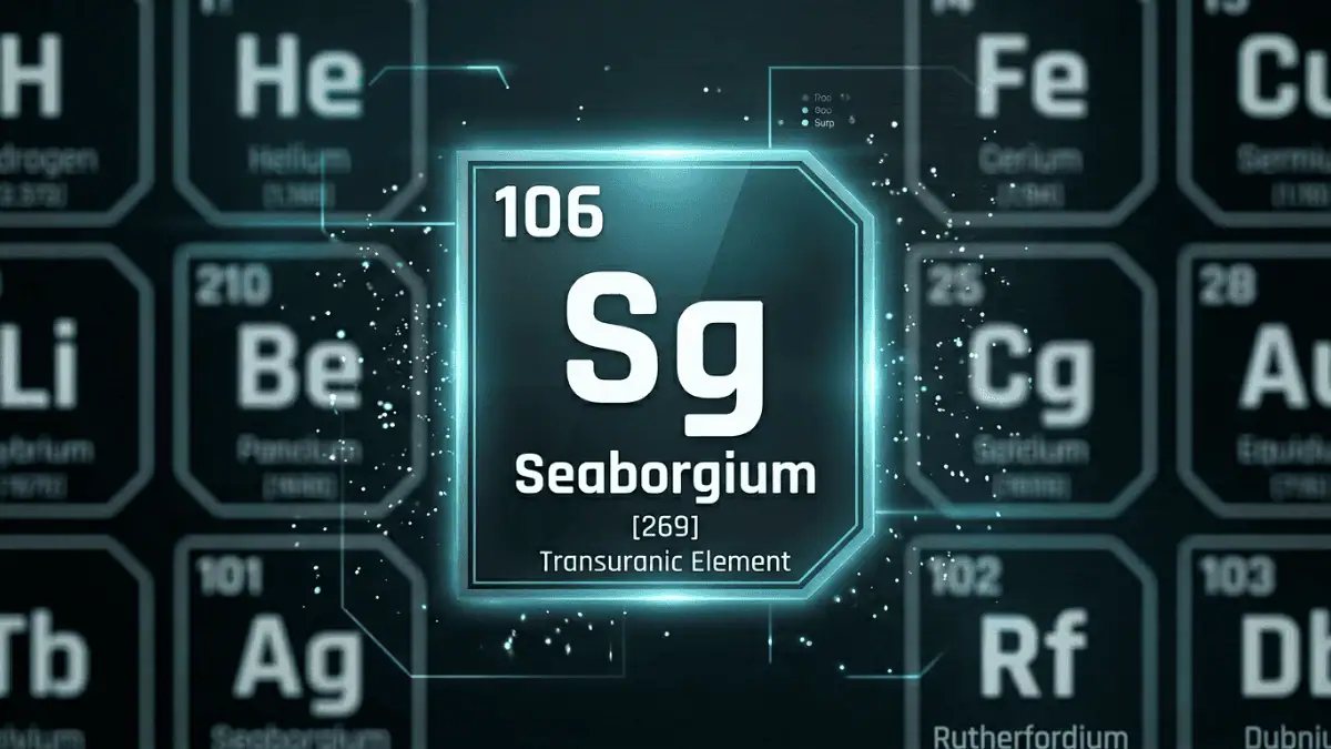 Periodic table graphic showing Seaborgium, element 106, named after Glenn Seaborg