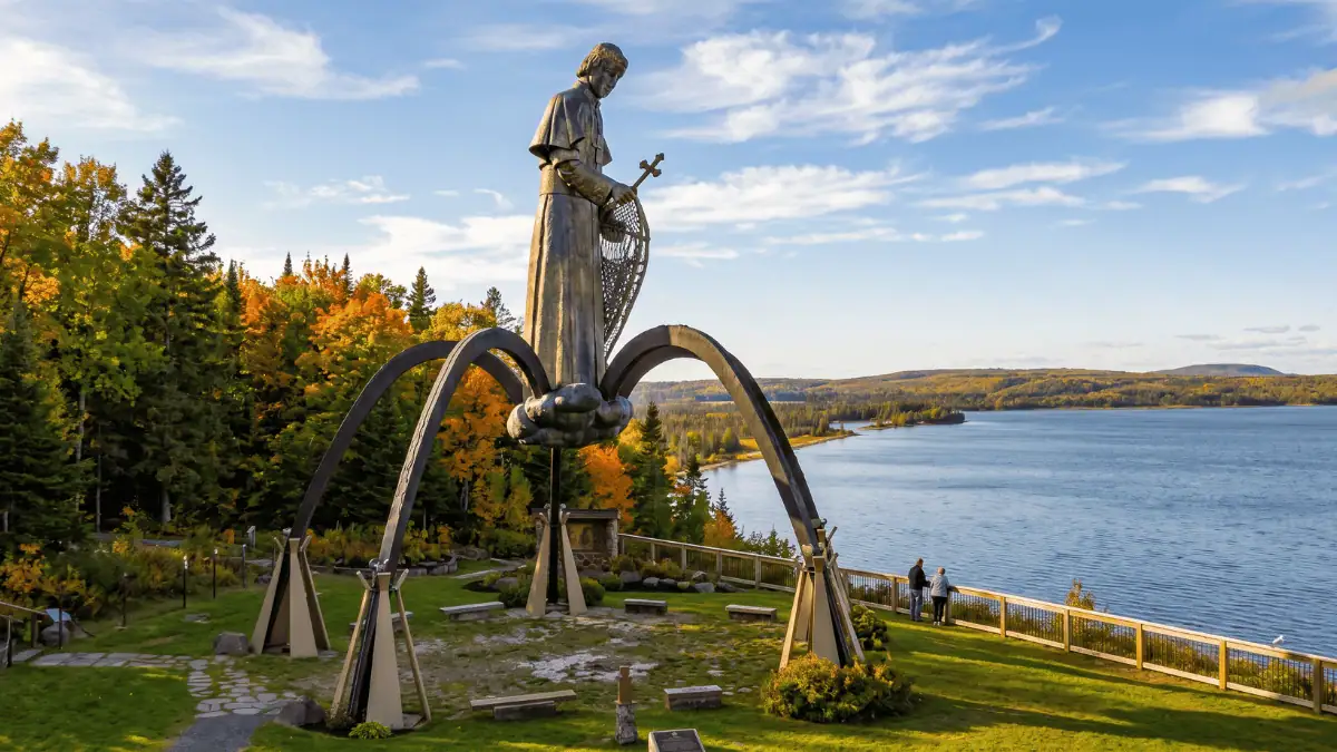 Bishop Baraga shrine statue overlooking Keweenaw Bay in Baraga, Michigan