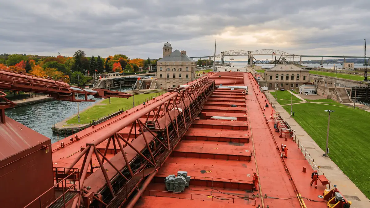 Large freighter passing through the Soo Locks in Sault Ste. Marie Michigan