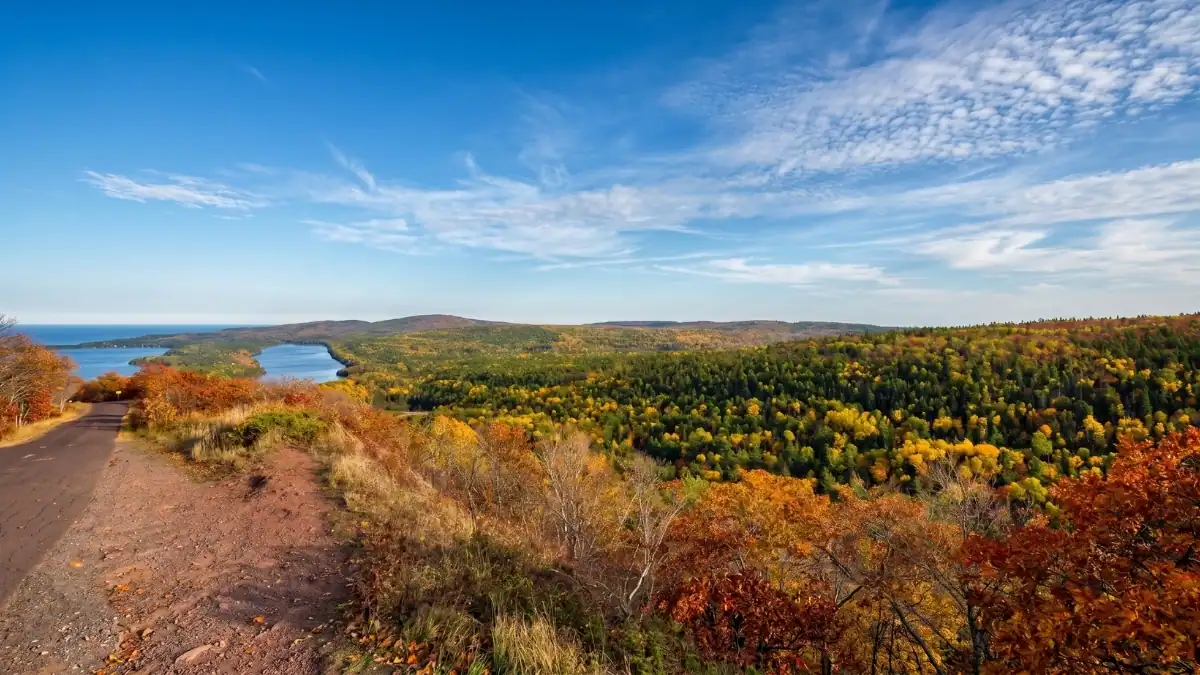 Panoramic view of Lake Superior and the Keweenaw forest from Brockway Mountain Drive near Copper Harbor