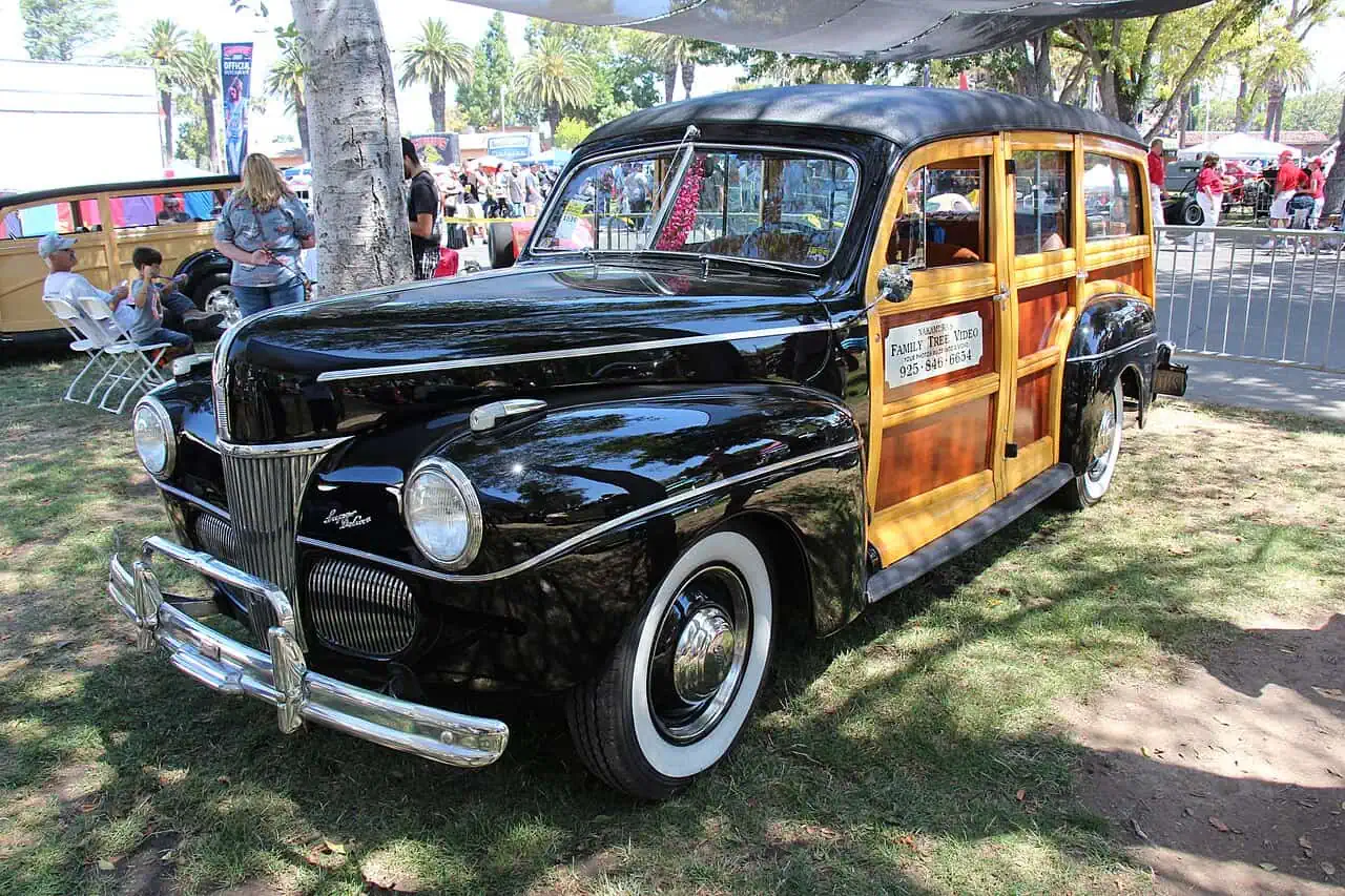 A 1941 Ford Super Deluxe woody station wagon with a wood-paneled body