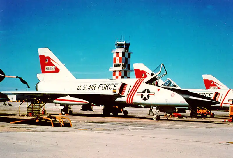 F-106 Delta Dart jets lined up on the flightline at K.I. Sawyer Air Force Base