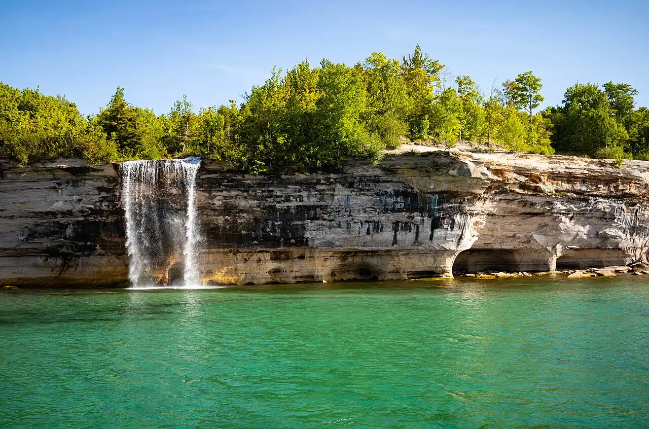 Sandstone cliffs of Pictured Rocks National Lakeshore above Lake Superior in Michigan's Upper Peninsula