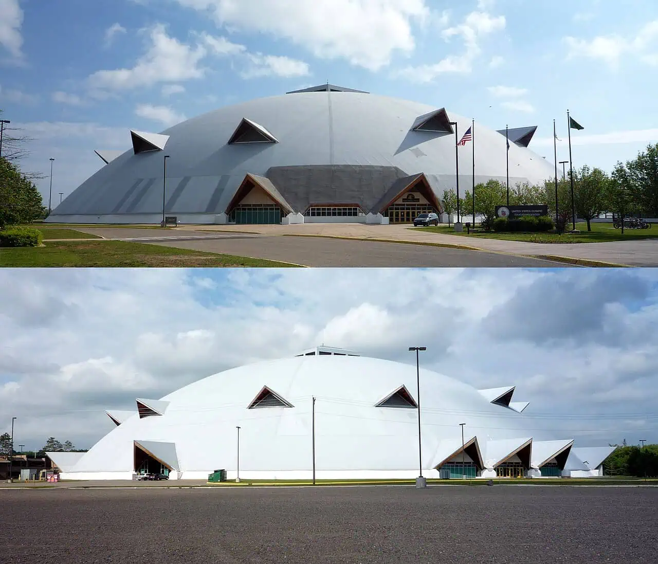 The exterior of the Superior Dome, a large wooden domed stadium in Marquette, Michigan