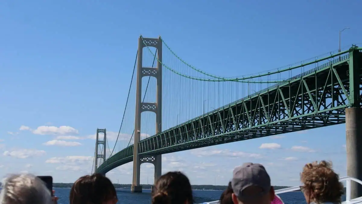Mackinac Bridge stretching across the Straits of Mackinac.