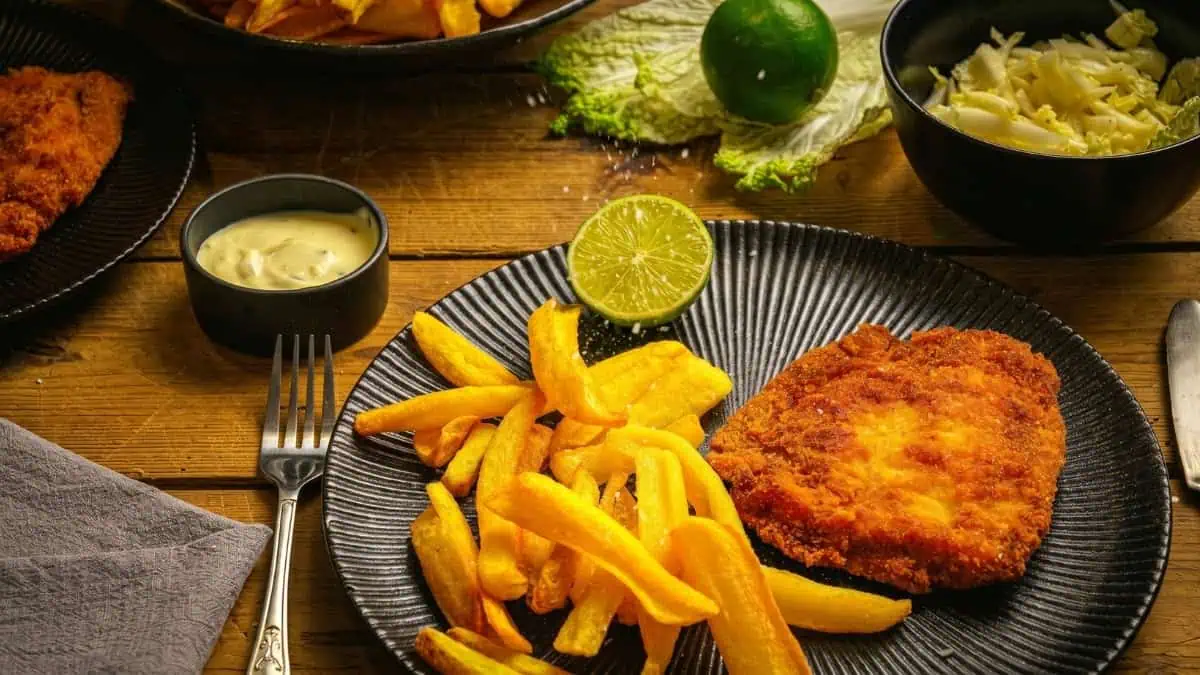 Fried fish plate with fries and coleslaw