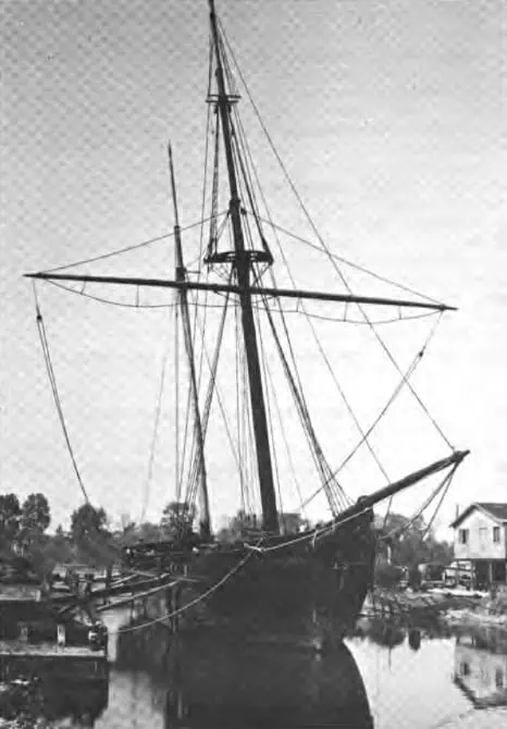 The raised wooden schooner Alvin Clark sitting in an earthen berth on the Menominee waterfront in the late 1970s, masts standing.