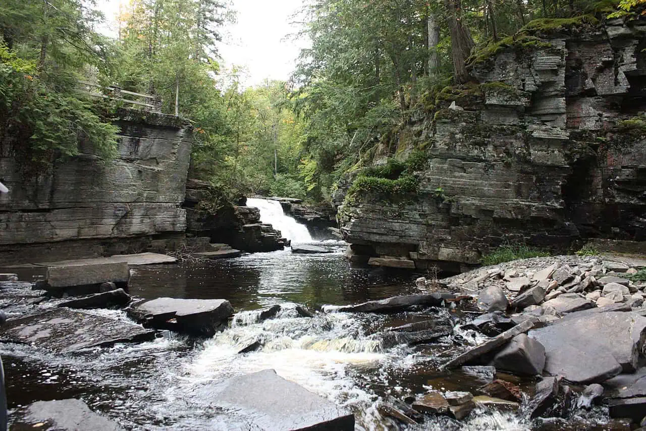 Canyon Falls dropping into the slate gorge cut by the Sturgeon River in Baraga County, Michigan.