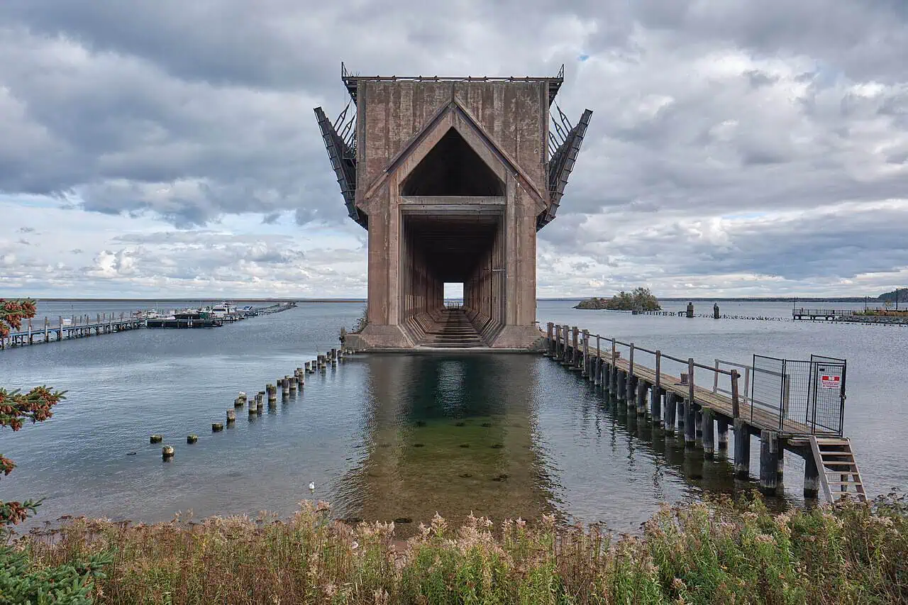 The concrete Lower Harbor Ore Dock standing in Lake Superior at Marquette, Michigan.