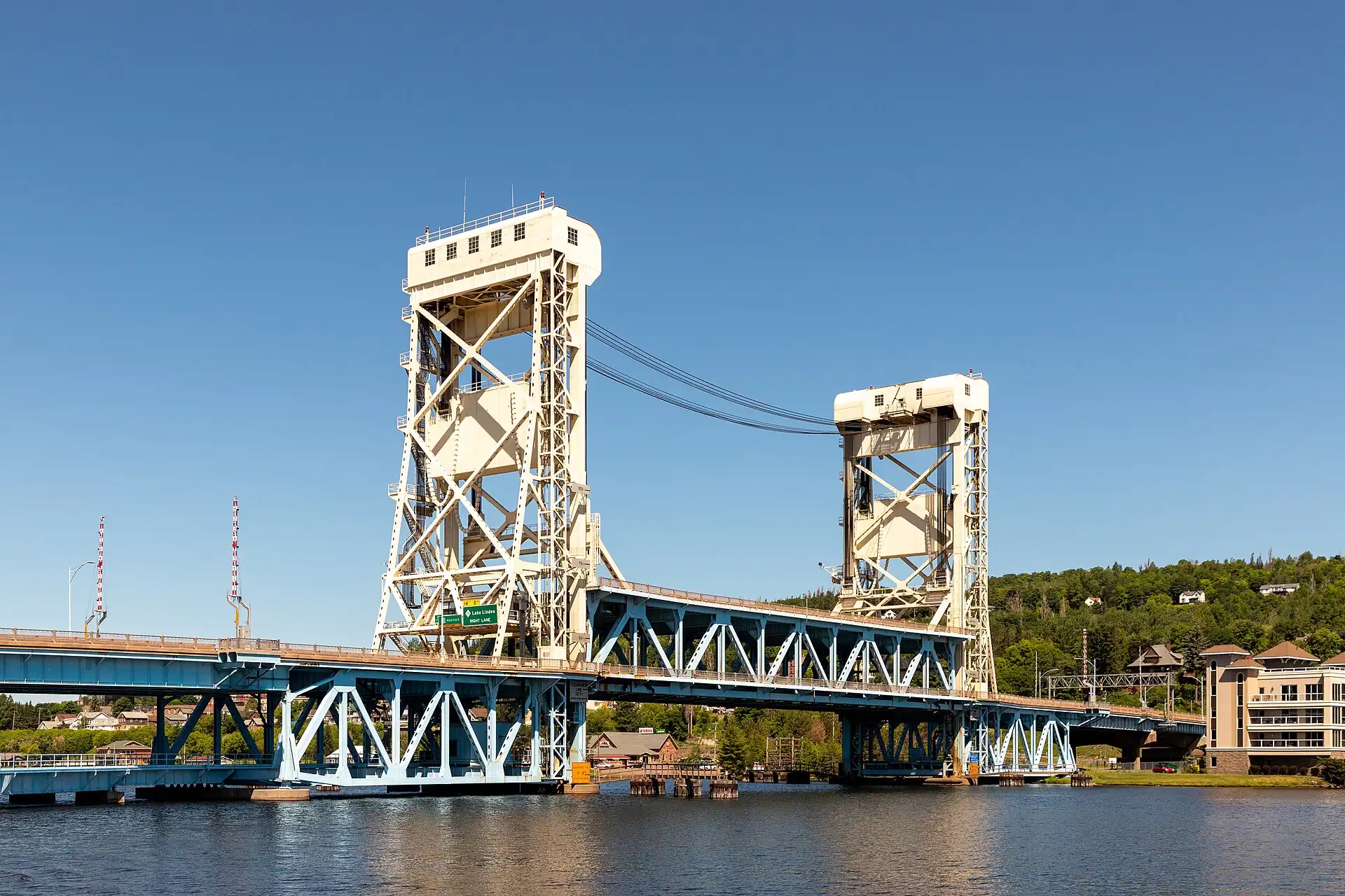 The Portage Lake Lift Bridge with its tall towers spanning the waterway between Houghton and Hancock, Michigan.