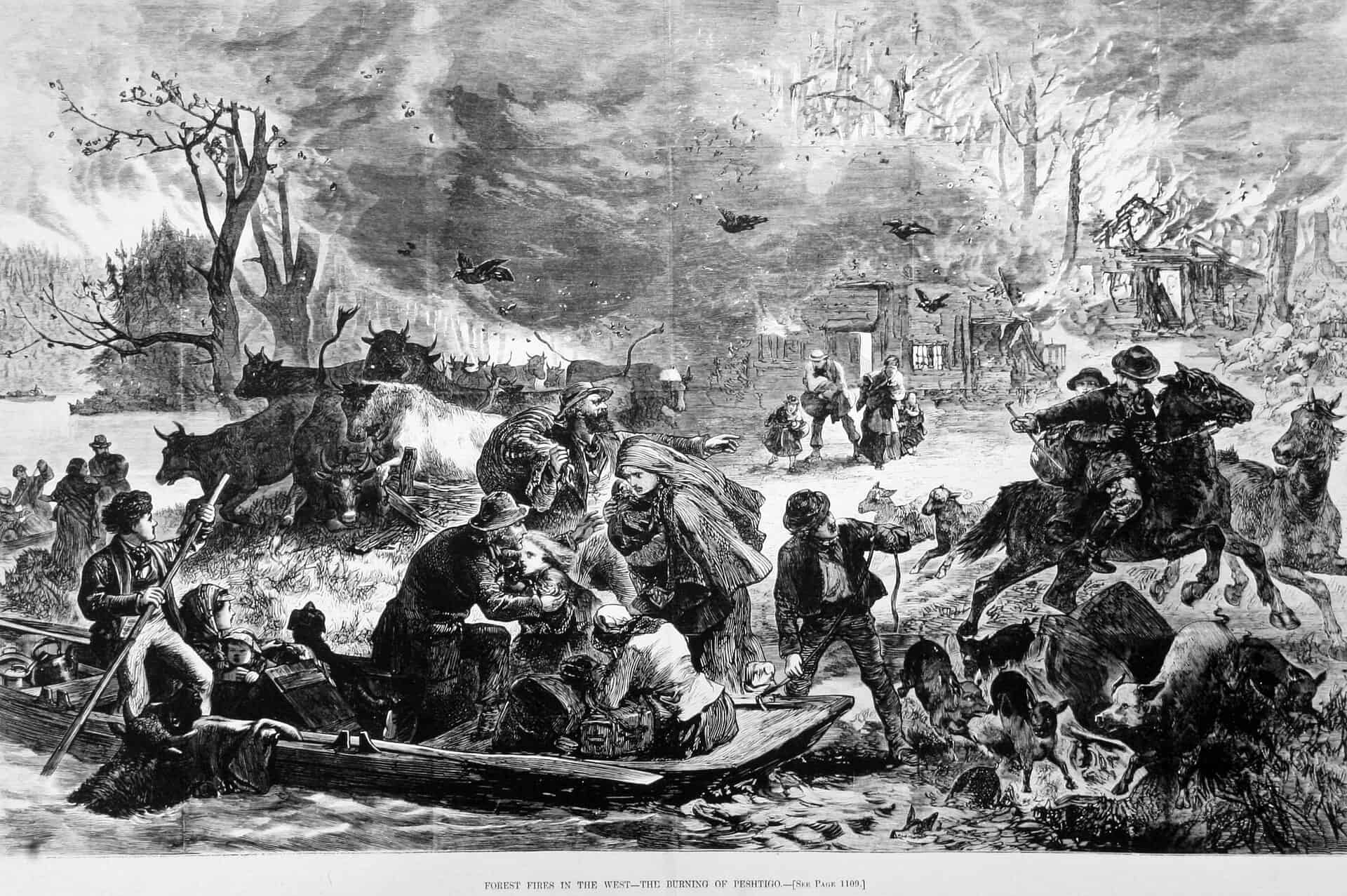 An 1871 illustration of people fleeing the Peshtigo firestorm