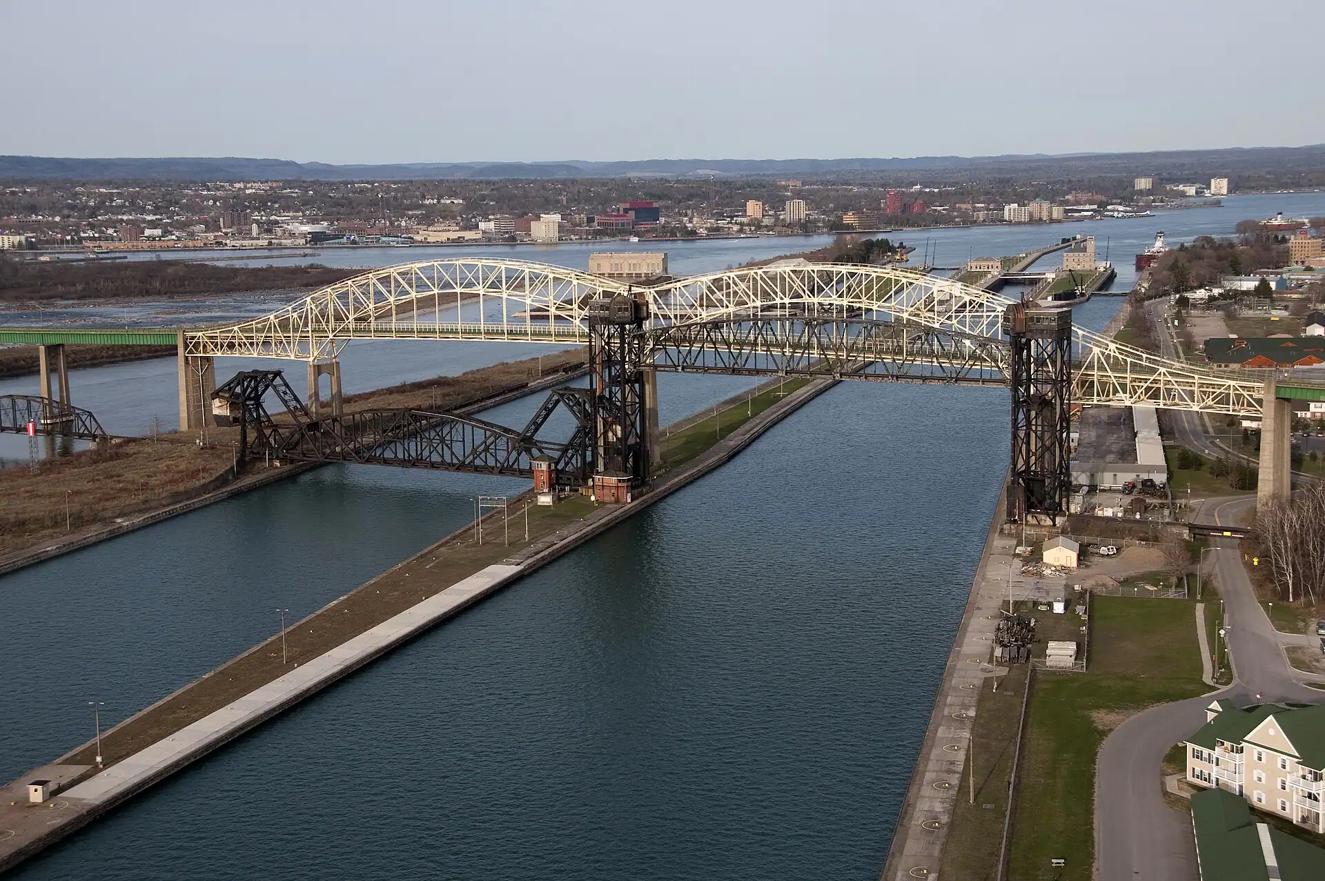 Aerial view of the Soo Locks on the St. Marys River at Sault Ste. Marie, Michigan.