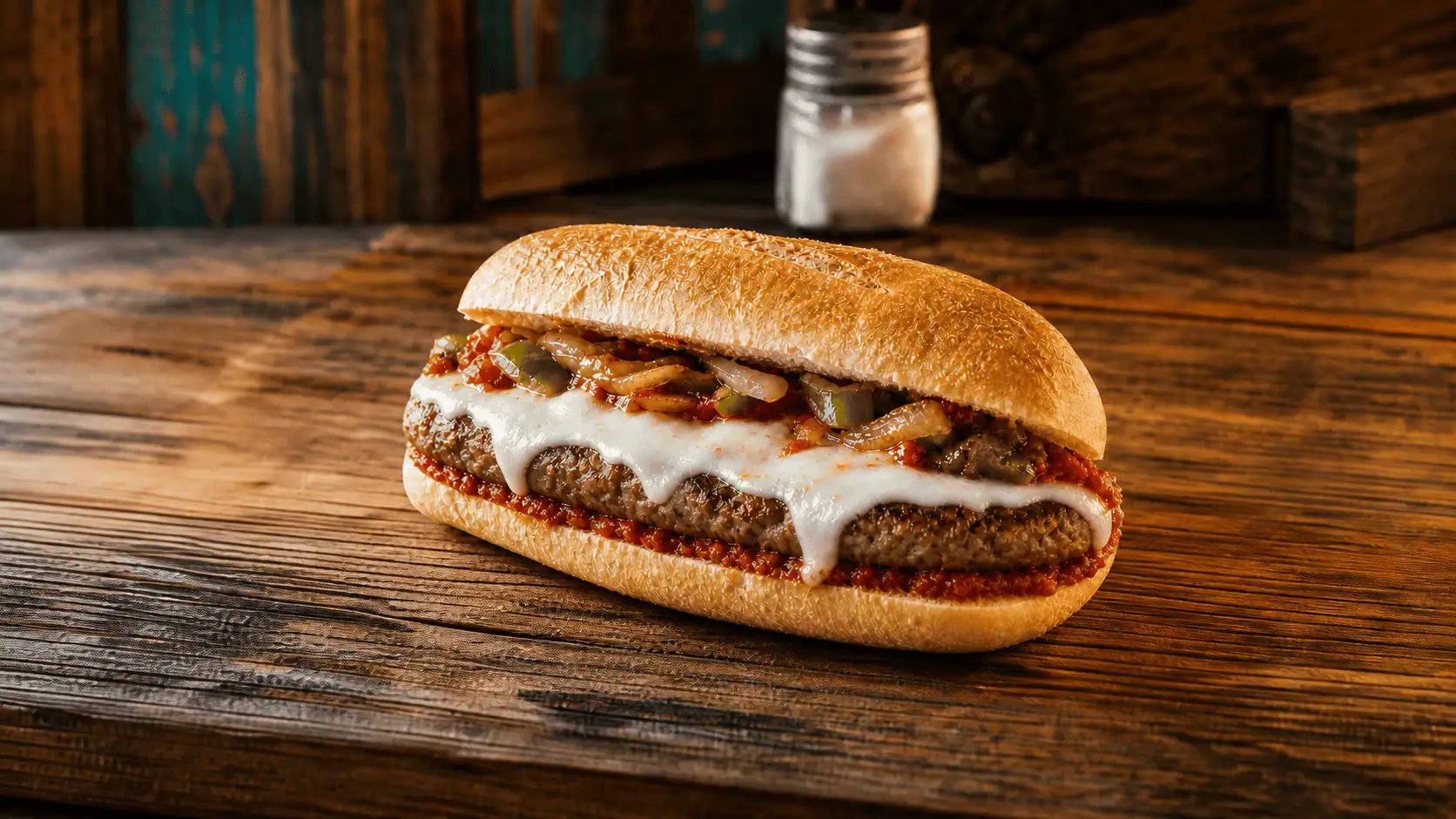 Cudighi sandwich with a sausage patty, mozzarella, tomato sauce, peppers, and onions on a long roll