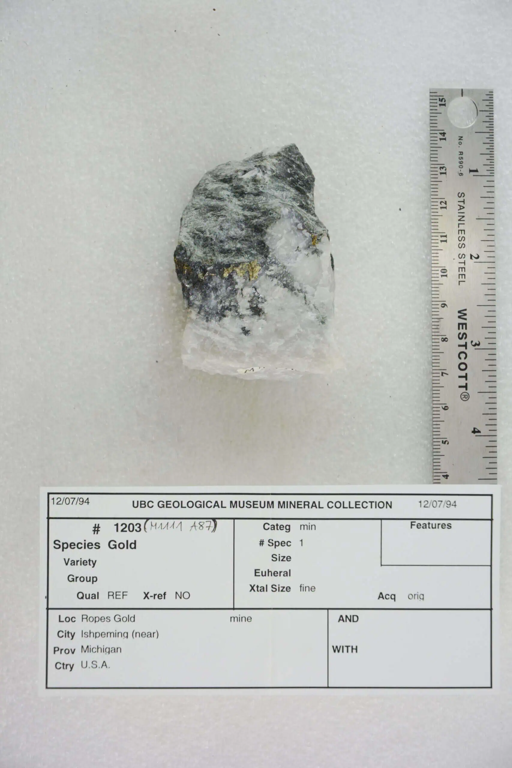 Gold-bearing mineral specimen from the Ropes Gold Mine near Ishpeming, Michigan.