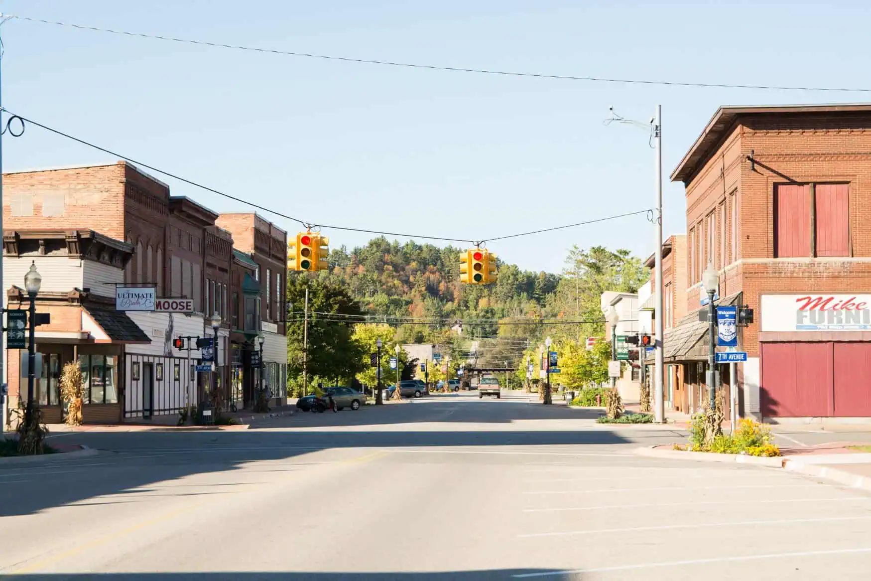 Storefronts along the main street of downtown Norway, Michigan.