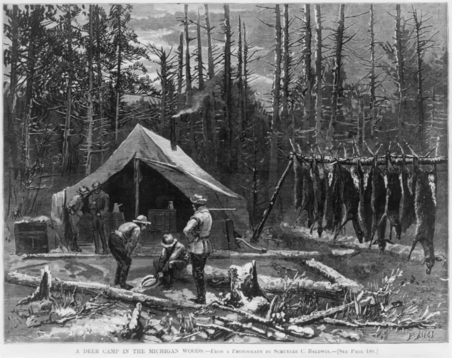 Historic print of hunters at a deer camp cabin in the Michigan woods.