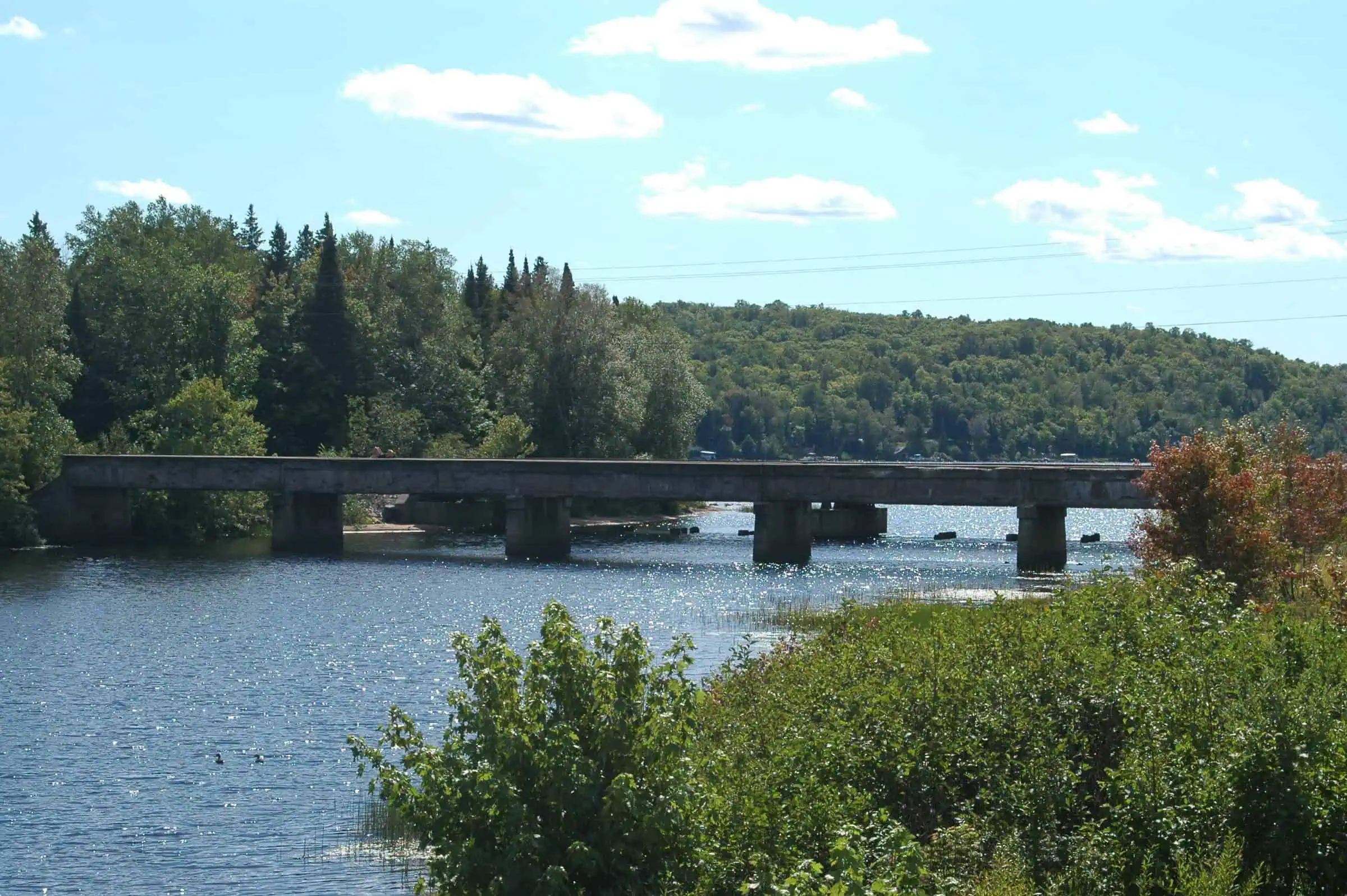 A long, low concrete bridge on several piers crosses a wide blue river between wooded hills under a summer sky, with green brush in the foreground. Photo: Imzadi1979 / Wikimedia Commons (CC BY-SA 3.0).
