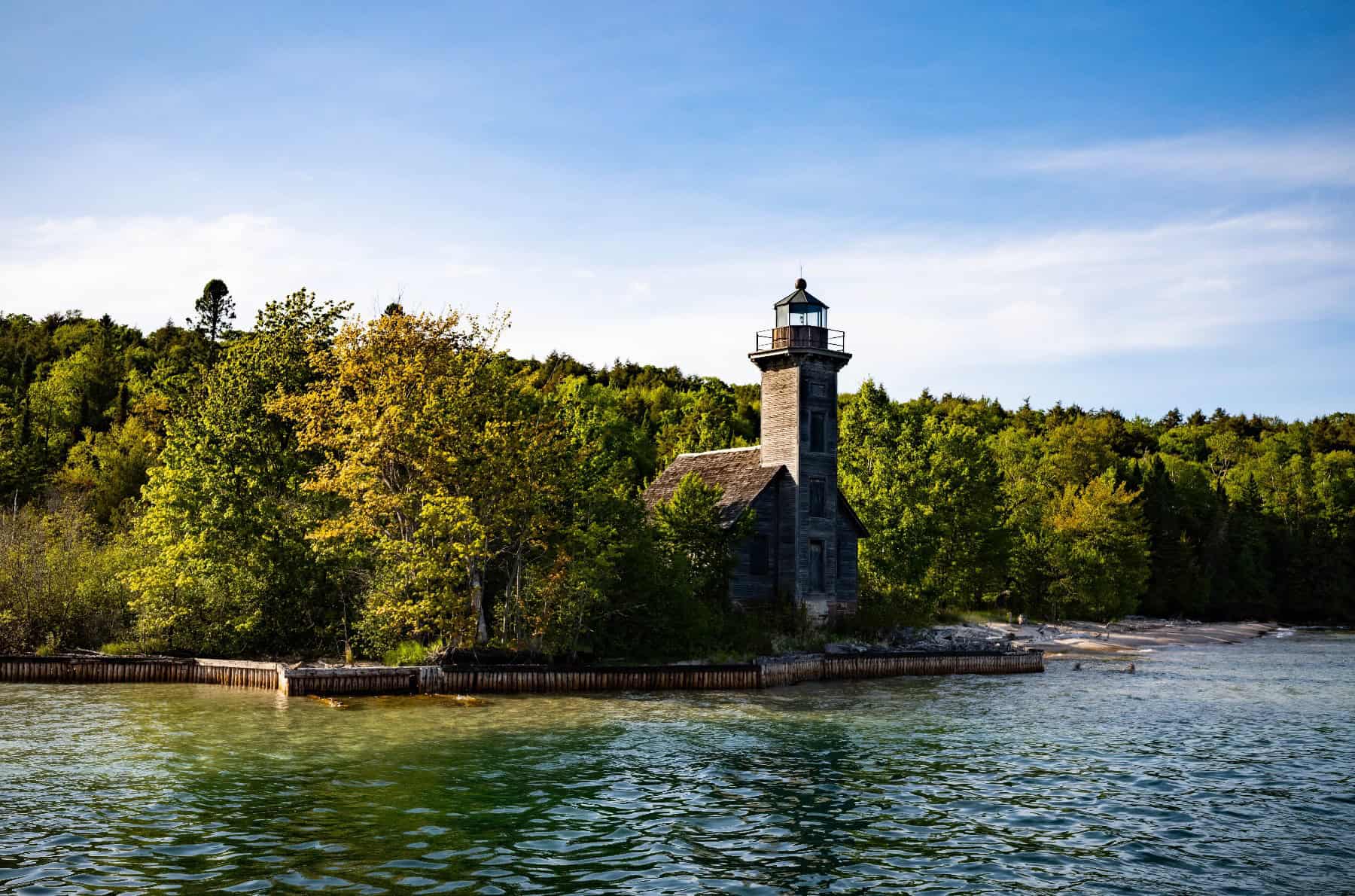 The wooden Grand Island East Channel Light on the Lake Superior shore near Munising, Michigan