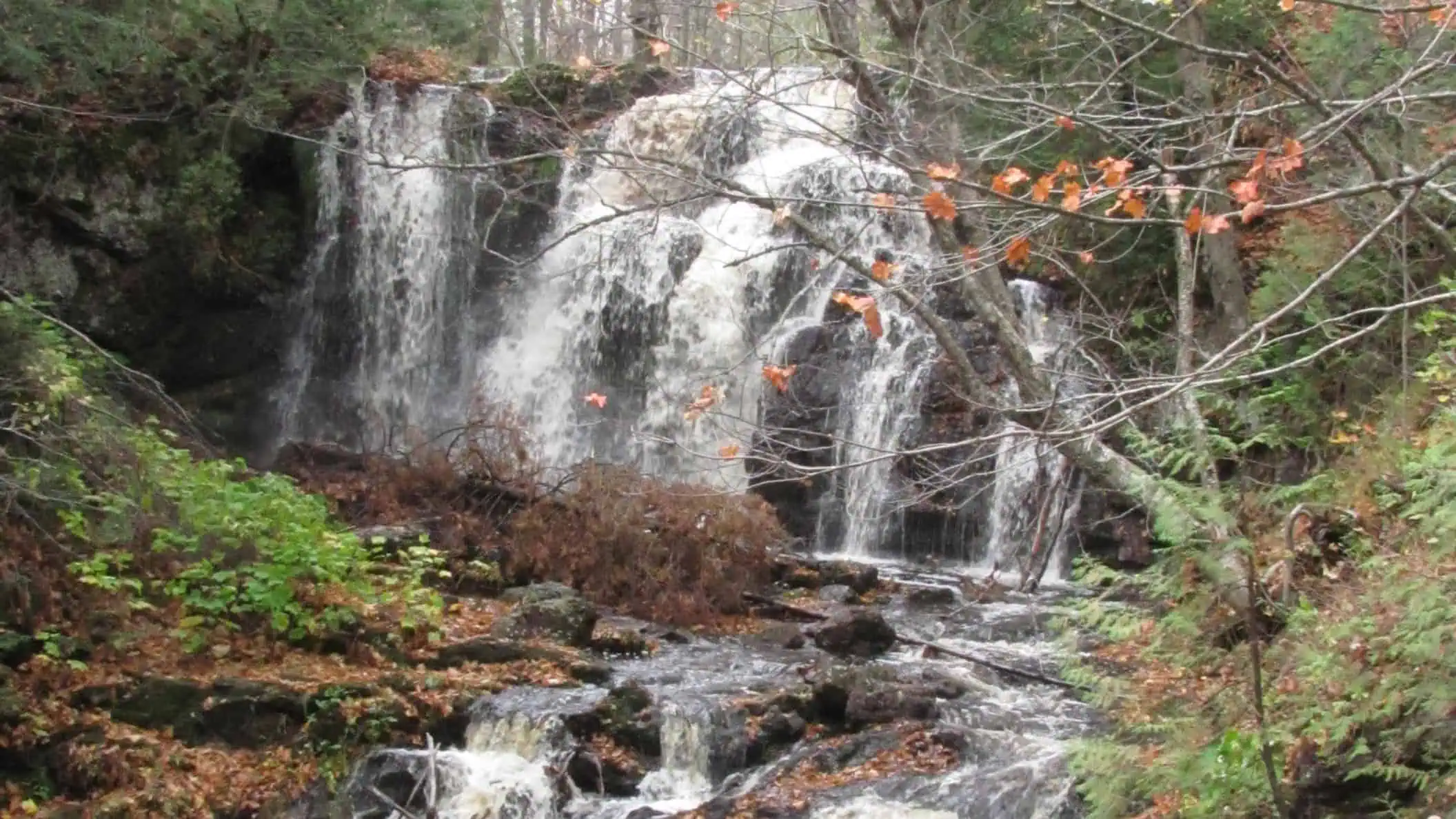 A small waterfall spilling over layered rock into a rocky creek, framed by autumn trees with yellow and orange leaves. Photo: awyu322 / Flickr (CC BY-SA 2.0).