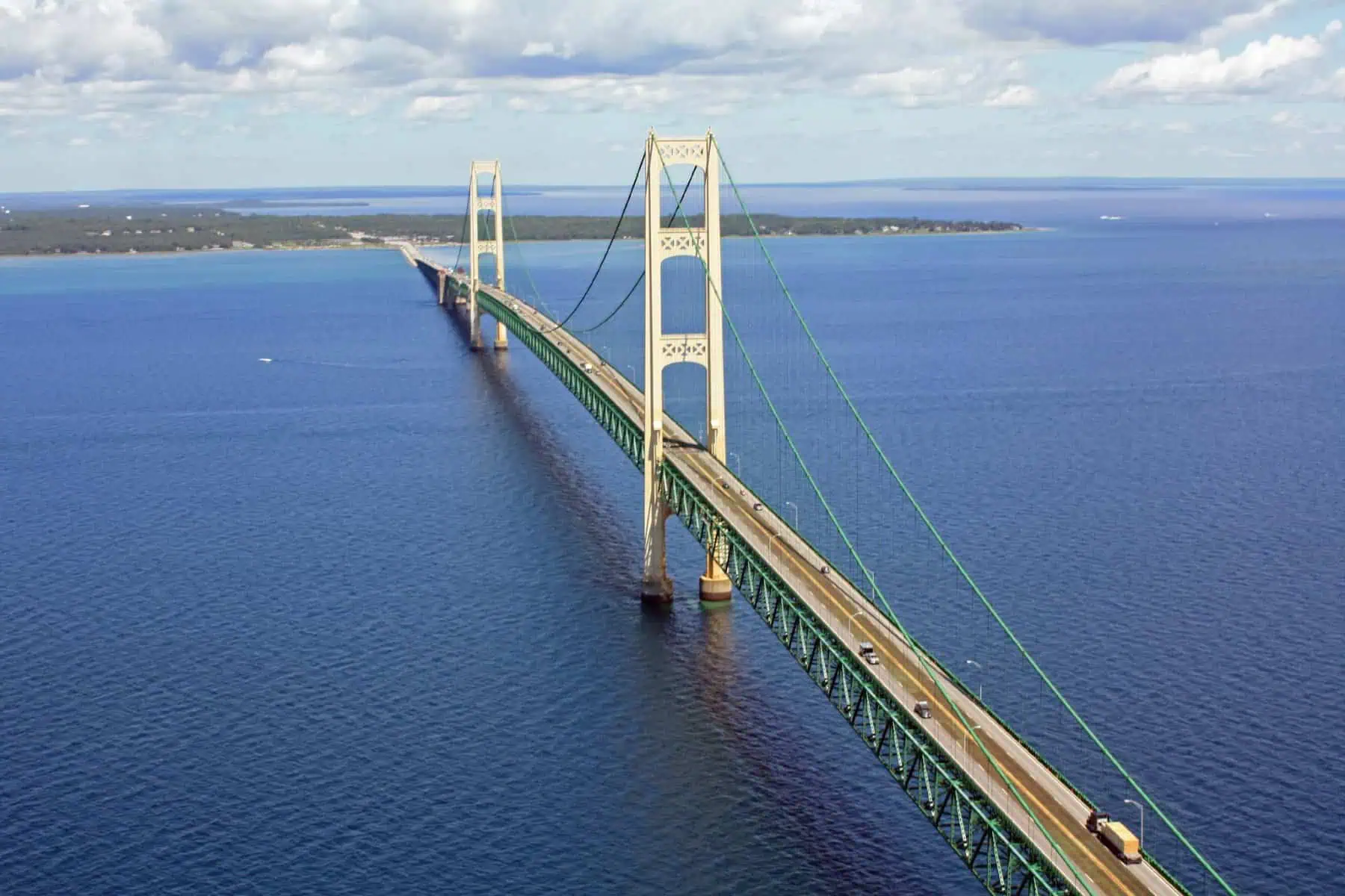 Aerial view of the Mackinac Bridge spanning the Straits of Mackinac. Photo: Justin Billau, CC BY 2.0, via Wikimedia Commons