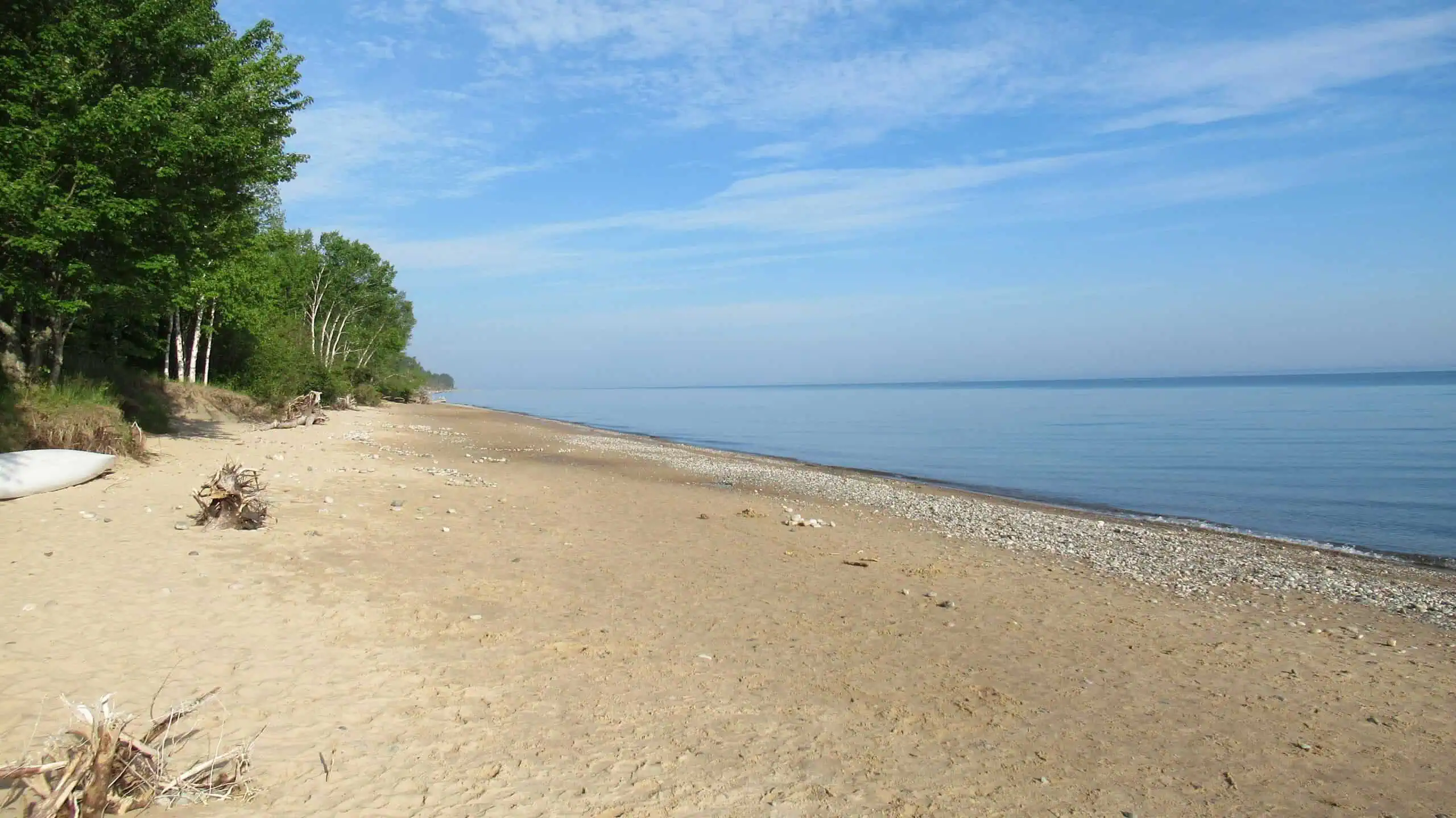 Sand and pebble beach curving along Lake Superior under a pale blue sky, with a line of trees and driftwood at the back of the beach. Photo: Notorious4life / Wikimedia Commons (CC0).
